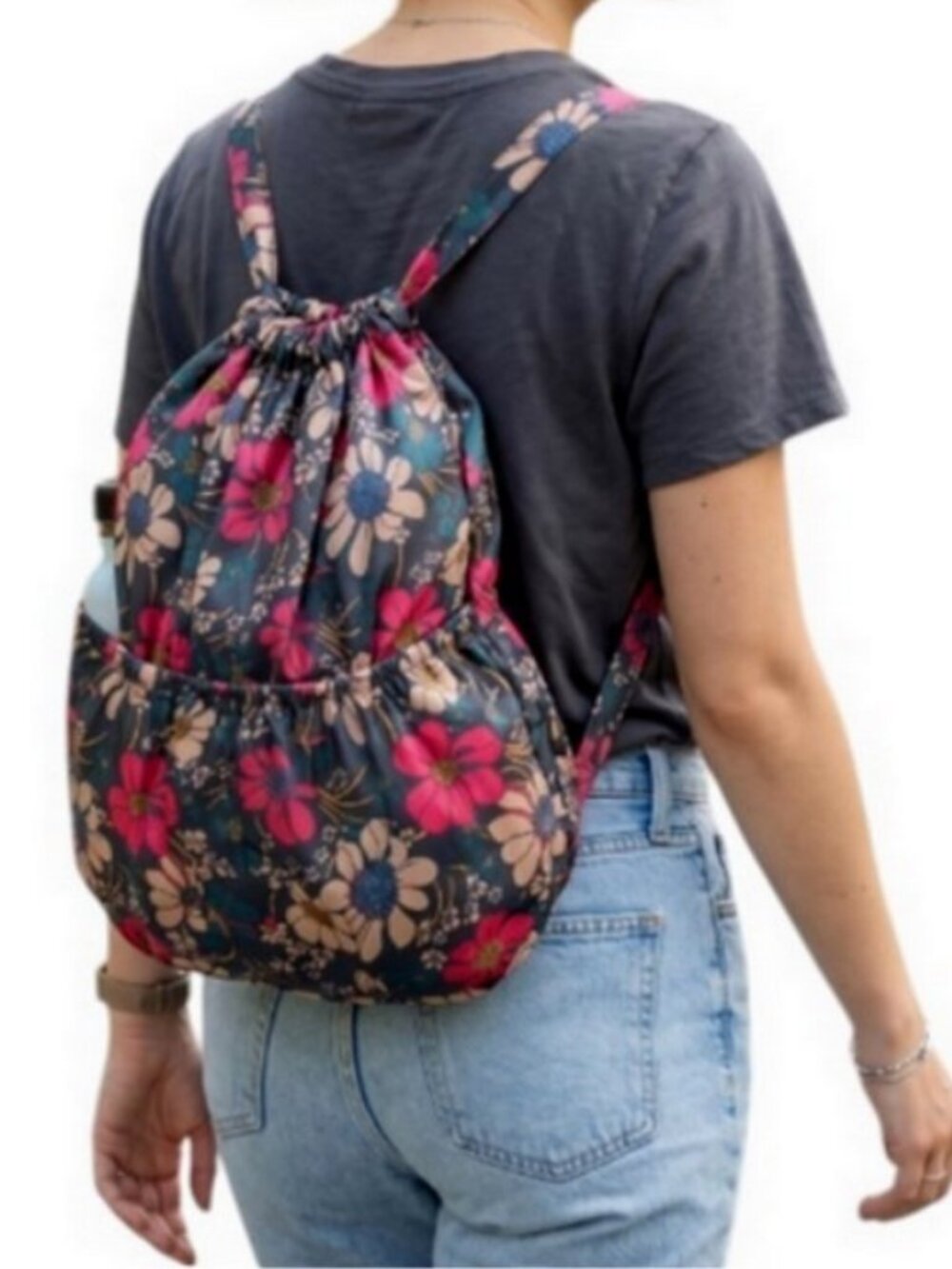 Floral Drawstring Backpack Nylon Polyester Large Travel Gym Cinch Bag Tote